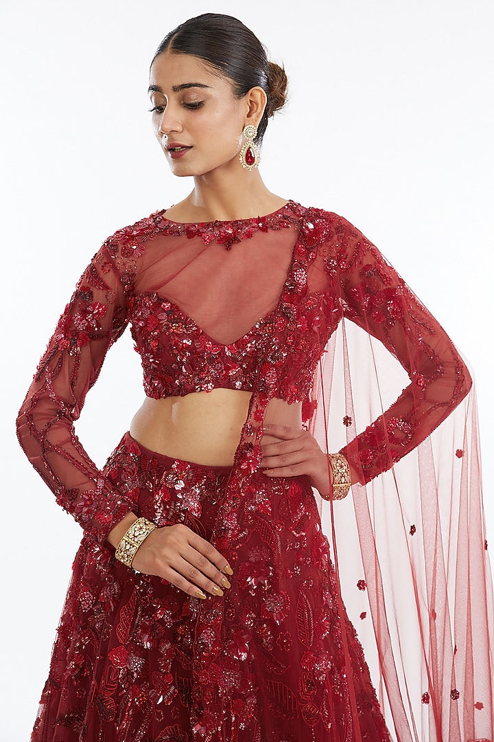 Red Tulle Net Aari & Sequins Embroidered Bridal Lehenga Set by OPUS ATELIER at Pernia's Pop Up Shop