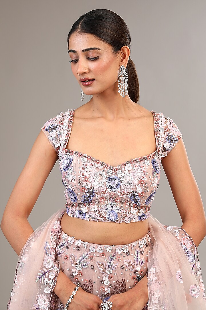 Lilac Tulle Net Sequins & Crystal Embroidered Bridal Lehenga Set by OPUS ATELIER at Pernia's Pop Up Shop