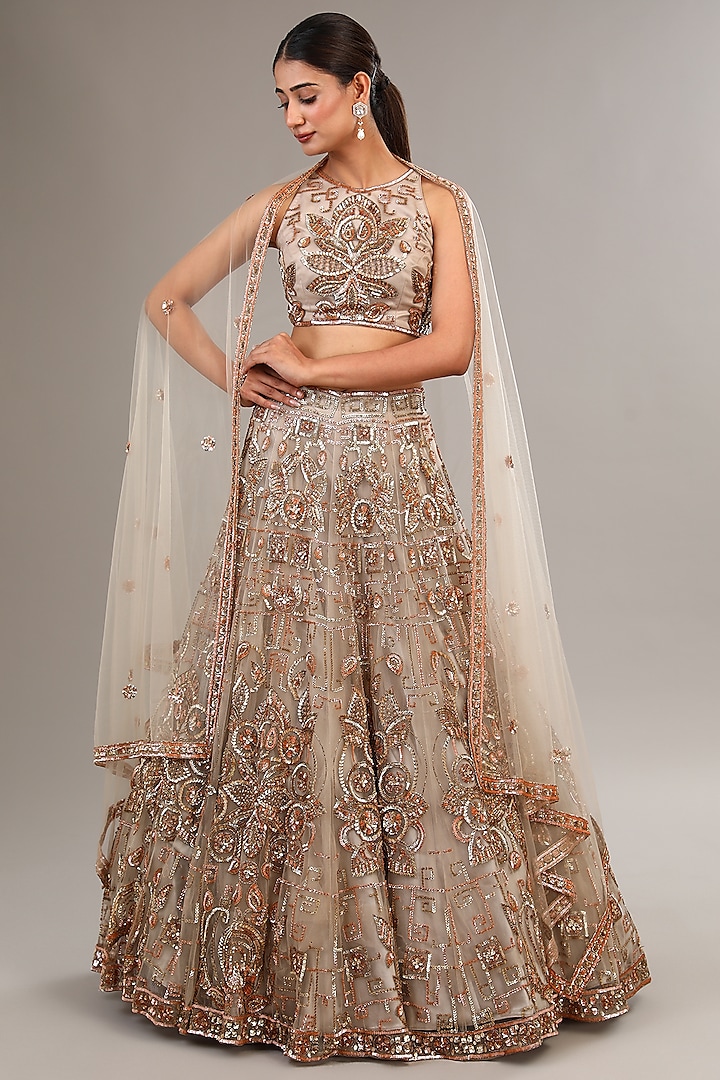 Grey Gold Tulle Net Sequins & Motif Embroidered Wedding Lehenga Set by OPUS ATELIER at Pernia's Pop Up Shop