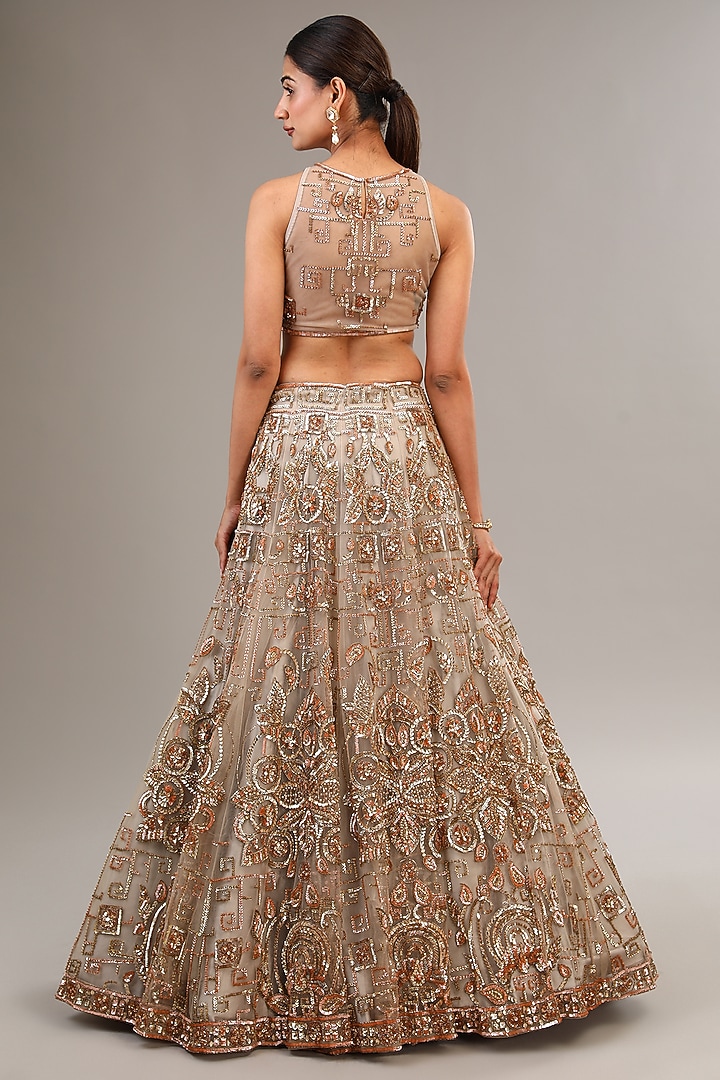 Grey Gold Tulle Net Sequins & Motif Embroidered Bridal Lehenga Set by OPUS ATELIER at Pernia's Pop Up Shop