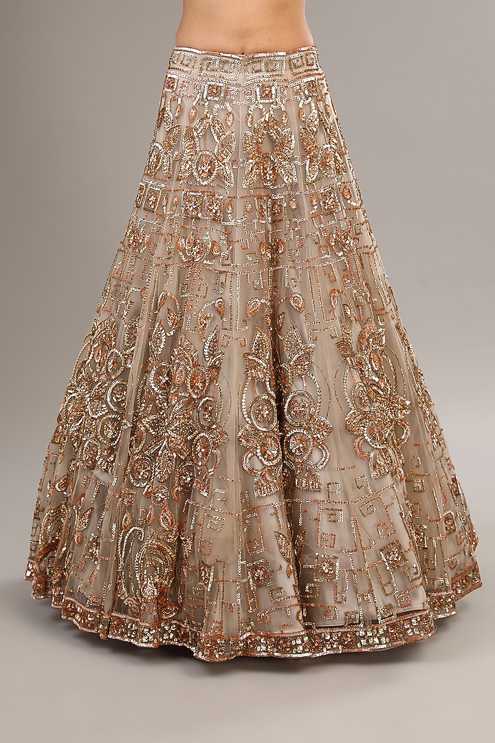 Grey Gold Tulle Net Sequins & Motif Embroidered Bridal Lehenga Set by OPUS ATELIER at Pernia's Pop Up Shop