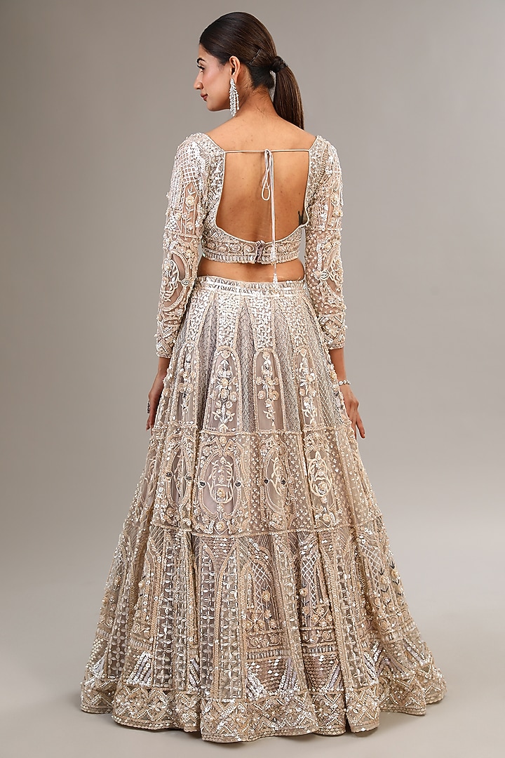 Ivory Tulle Net Sequins & Crystal Embroidered Bridal Lehenga Set by OPUS ATELIER at Pernia's Pop Up Shop