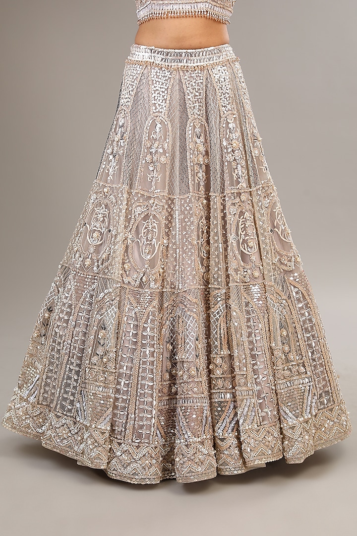 Ivory Tulle Net Sequins & Crystal Embroidered Bridal Lehenga Set by OPUS ATELIER at Pernia's Pop Up Shop