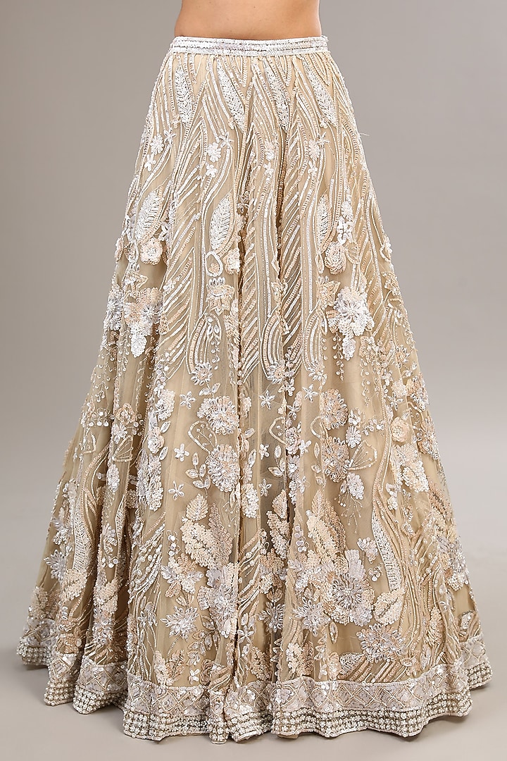Ivory Tulle Net Sequins & Pearl Embellished Bridal Lehenga Set by OPUS ATELIER at Pernia's Pop Up Shop