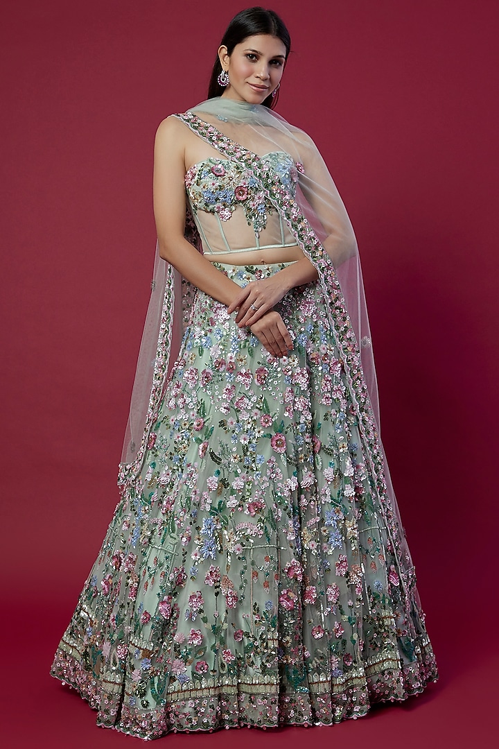 Seafoam Green Embroidered Bridal Lehenga Set by OPUS ATELIER at Pernia's Pop Up Shop