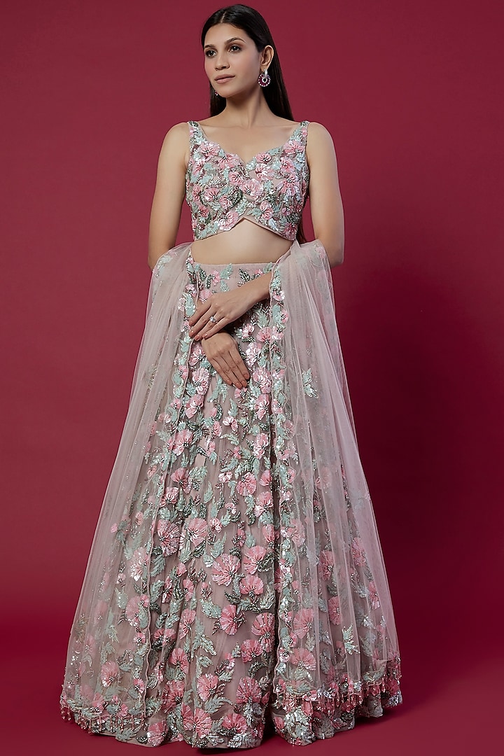 Pink & Mint Green Embroidered Lehenga Set by OPUS ATELIER