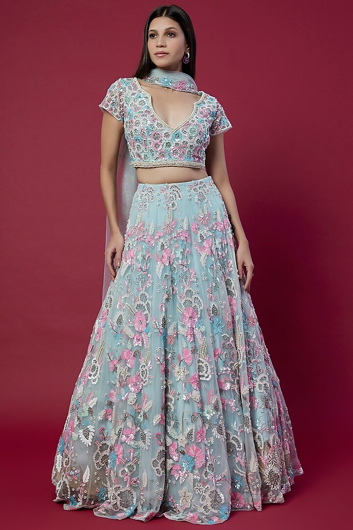 Sky Blue Embroidered Bridal Lehenga Set by OPUS ATELIER at Pernia's Pop Up Shop