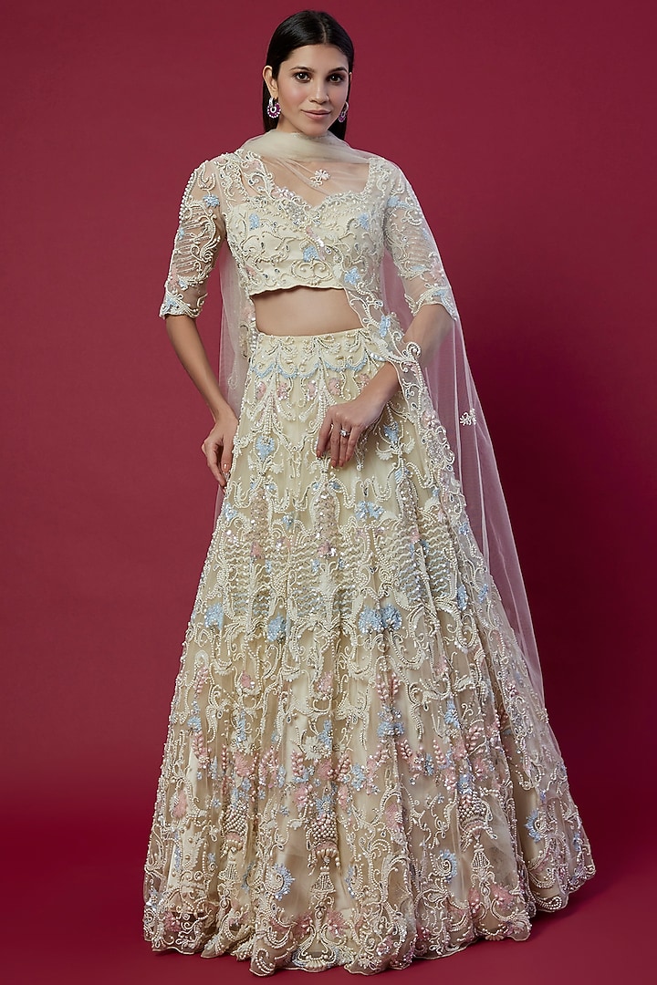 Ivory Embroidered Bridal Lehenga Set by OPUS ATELIER at Pernia's Pop Up Shop