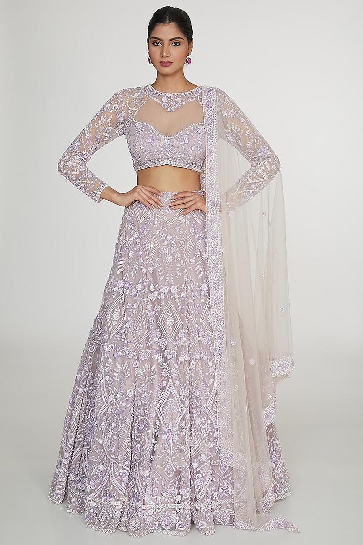 Lavender Net Glass Bead Hand Embroidered Lehenga Set by OPUS ATELIER