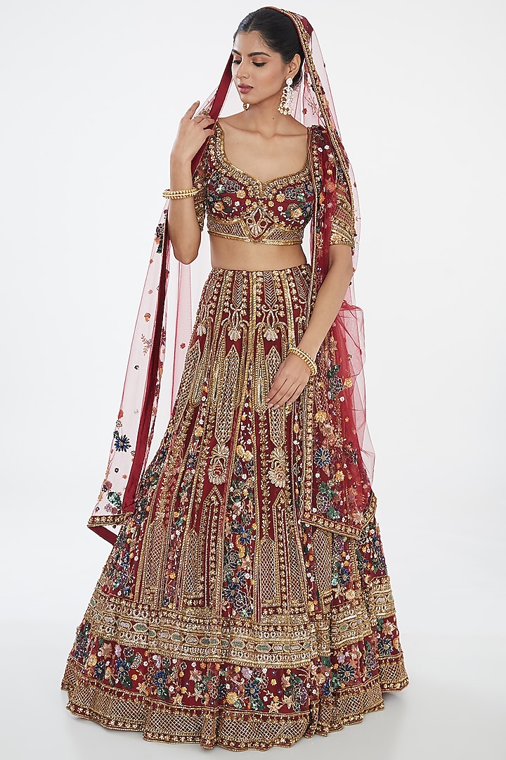 Maroon & Gold Viscose Satin Sequins Hand Embroidered Lehenga Set by OPUS ATELIER