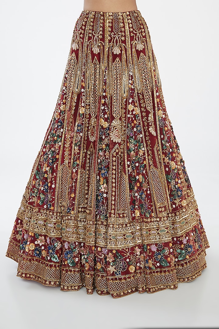 Maroon & Gold Viscose Satin Sequins Hand Embroidered Bridal Lehenga Set by OPUS ATELIER at Pernia's Pop Up Shop