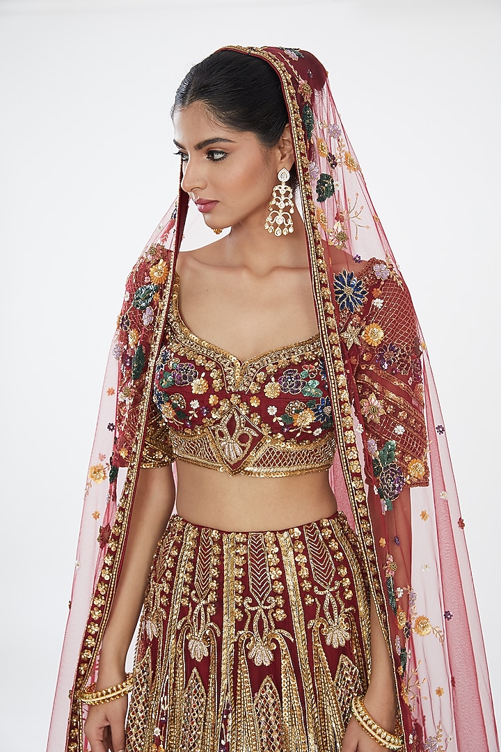 Maroon & Gold Viscose Satin Sequins Hand Embroidered Bridal Lehenga Set by OPUS ATELIER at Pernia's Pop Up Shop