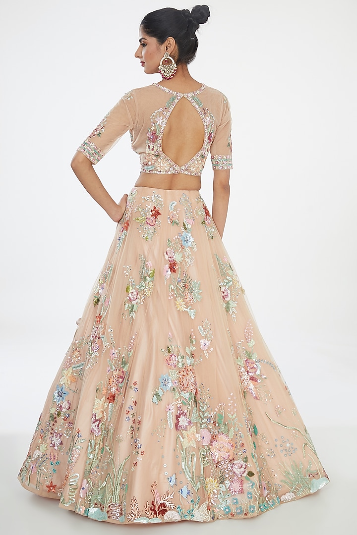 Peach Net Hand Embroidered Bridal Lehenga Set by OPUS ATELIER at Pernia's Pop Up Shop