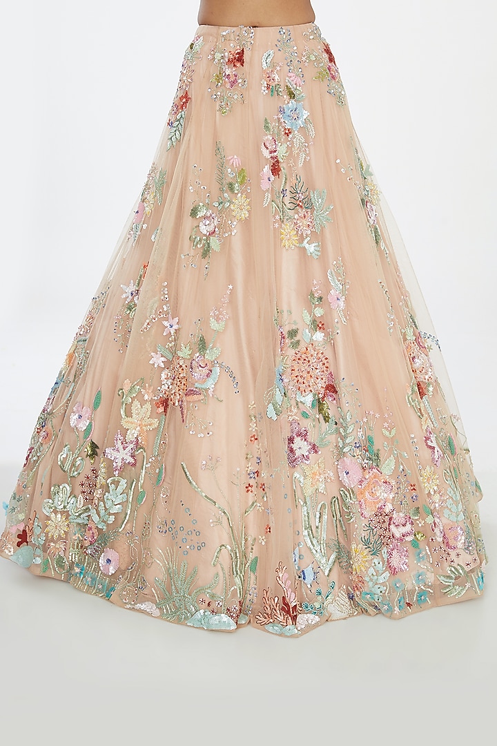 Peach Net Hand Embroidered Bridal Lehenga Set by OPUS ATELIER at Pernia's Pop Up Shop