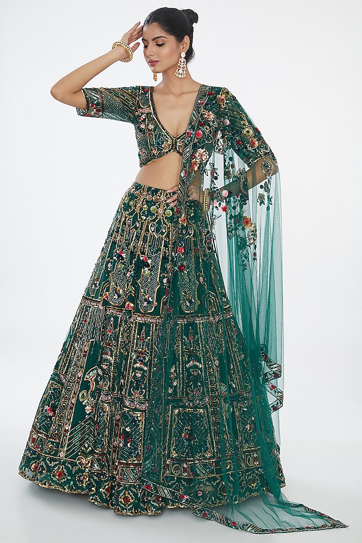 Emerald Green Net Sequins Hand Embroidered Lehenga Set by OPUS ATELIER