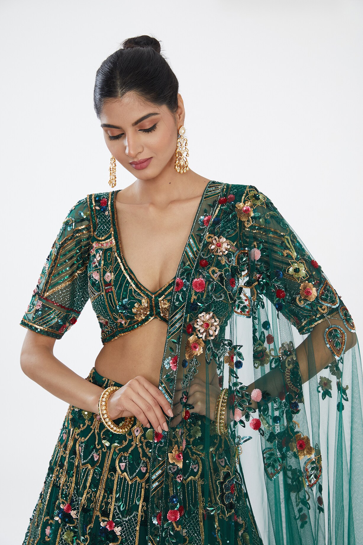 Green Mirror & Sequins Embroidered Festive Lehenga Skirt Suit main image 1