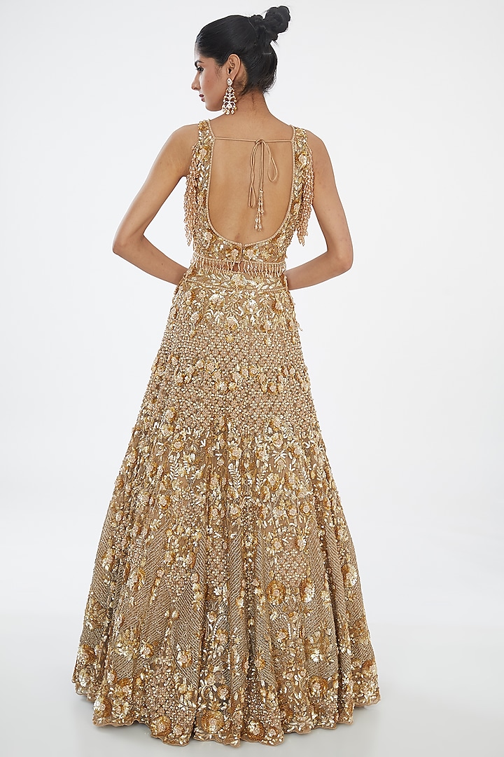 Golden Viscose Satin Sequins Hand Embroidered Bridal Lehenga Set by OPUS ATELIER at Pernia's Pop Up Shop