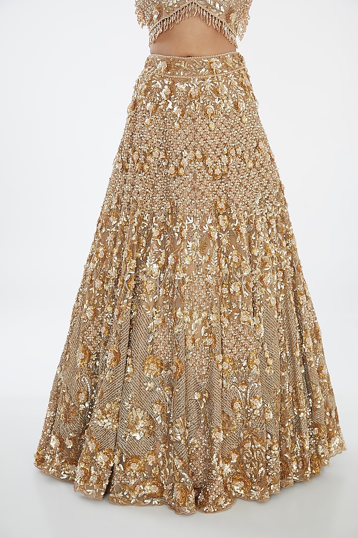 Golden Viscose Satin Sequins Hand Embroidered Bridal Lehenga Set by OPUS ATELIER at Pernia's Pop Up Shop