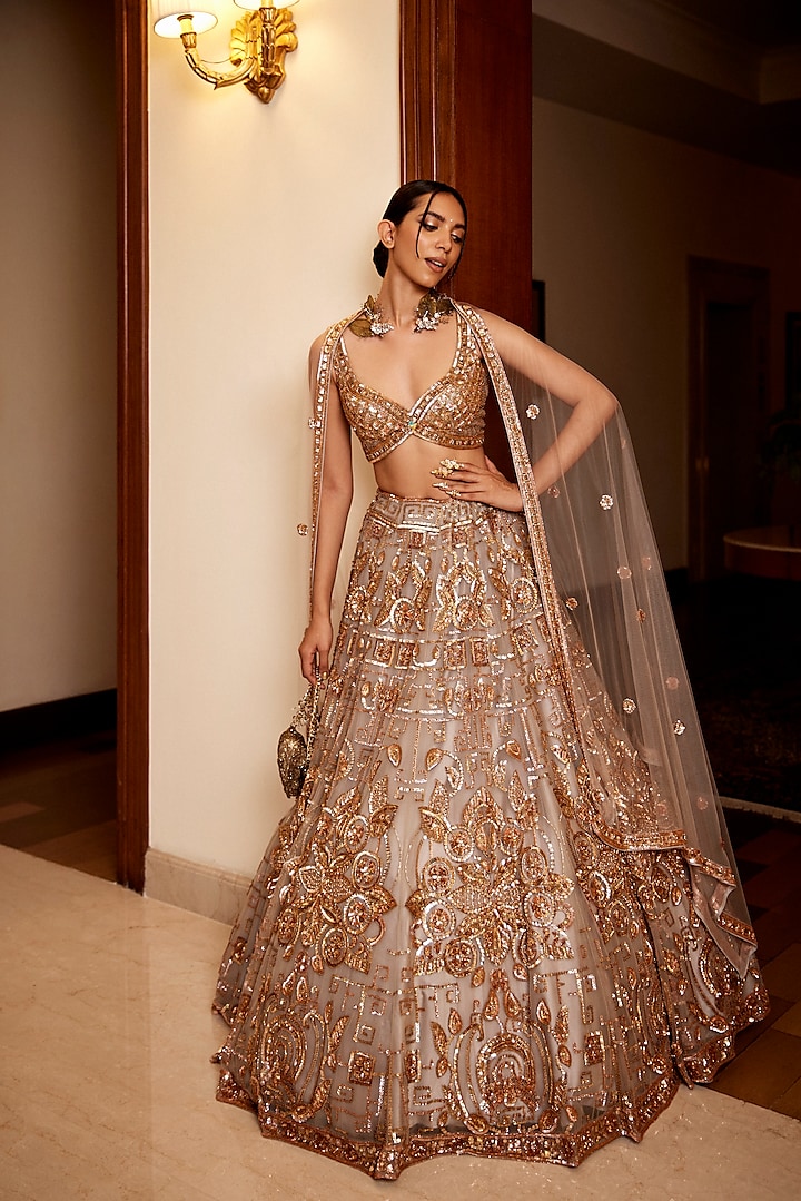 Ash Grey Tulle Net Hand Embroidered Lehenga Set by OPUS ATELIER