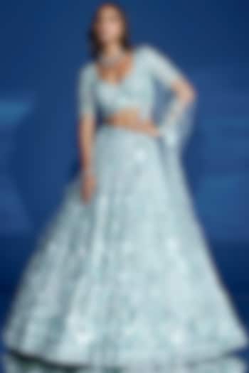 Aqua Tulle Net Sequins Hand Embroidered Bridal Lehenga Set by OPUS ATELIER at Pernia's Pop Up Shop