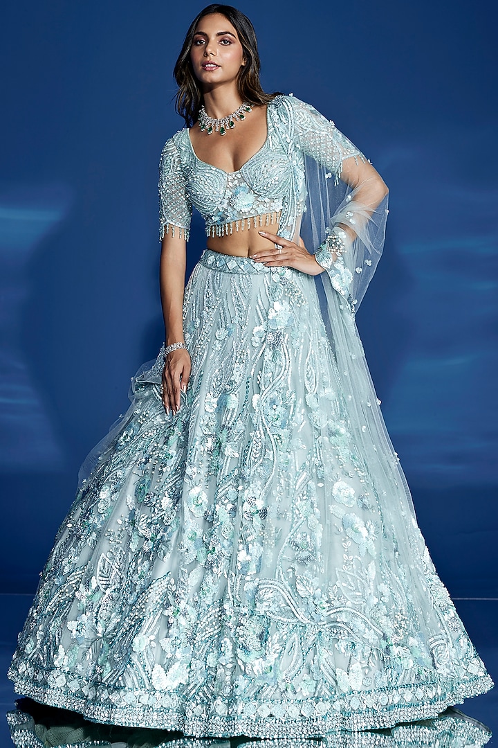 Aqua Tulle Net Sequins Hand Embroidered Bridal Lehenga Set by OPUS ATELIER at Pernia's Pop Up Shop