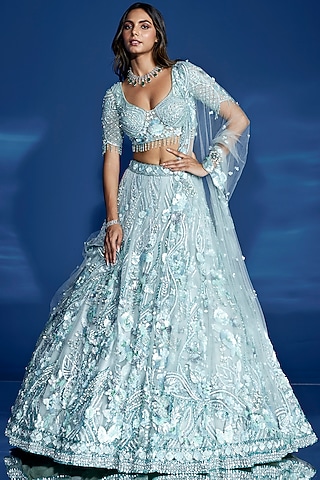 Aqua Tulle Net Sequins Hand Embroidered Lehenga Set by OPUS ATELIER