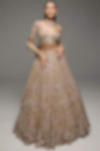 Gold Net Sequins & Crystal Hand Embroidered Bridal Lehenga Set by OPUS ATELIER at Pernia's Pop Up Shop
