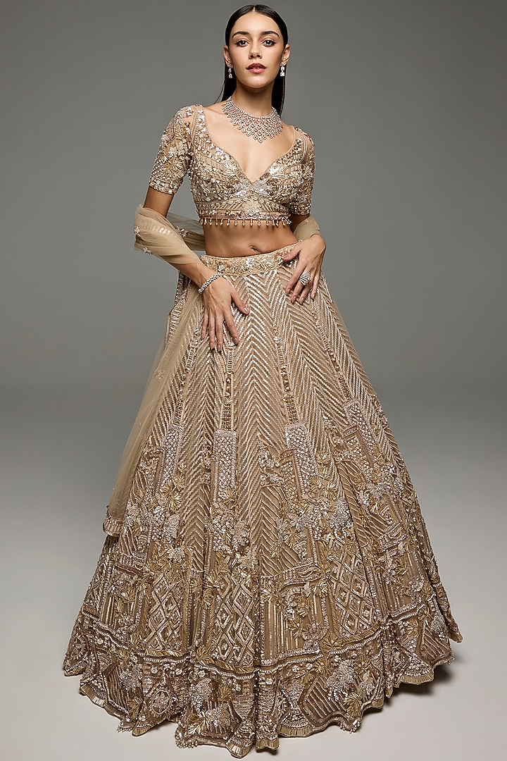 Gold Net Sequins & Crystal Hand Embroidered Bridal Lehenga Set by OPUS ATELIER at Pernia's Pop Up Shop
