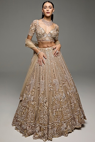 Gold Net Sequins & Crystal Hand Embroidered Lehenga Set by OPUS ATELIER