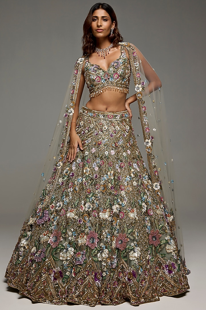 Multi-Colored Net Hand Embroidered Bridal Lehenga Set by OPUS ATELIER at Pernia's Pop Up Shop