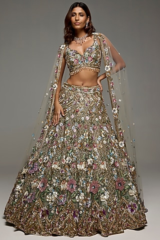 Multi-Colored Net Hand Embroidered Lehenga Set by OPUS ATELIER