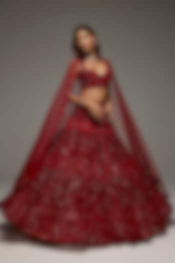 Deep Red Net Hand Embroidered Bridal Lehenga Set by OPUS ATELIER at Pernia's Pop Up Shop