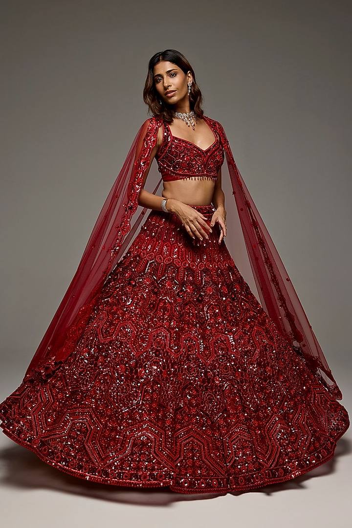 Deep Red Net Hand Embroidered Bridal Lehenga Set by OPUS ATELIER at Pernia's Pop Up Shop