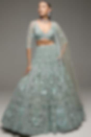 Green Tulle Net Hand Embroidered Bridal Lehenga Set by OPUS ATELIER at Pernia's Pop Up Shop