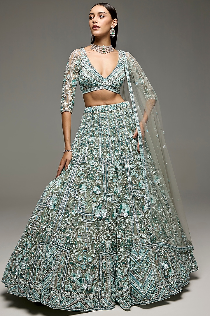 Green Tulle Net Hand Embroidered Bridal Lehenga Set by OPUS ATELIER at Pernia's Pop Up Shop