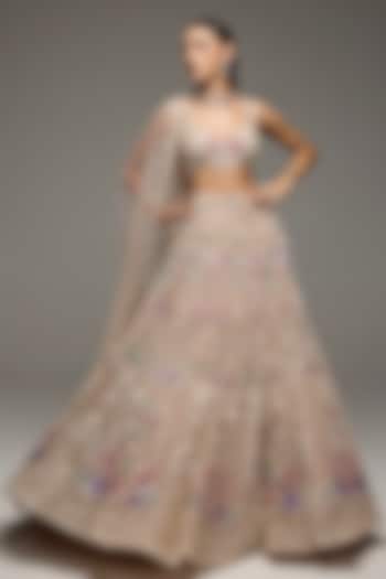 Soft Pink Tulle Net Hand Embroidered Bridal Lehenga Set by OPUS ATELIER at Pernia's Pop Up Shop