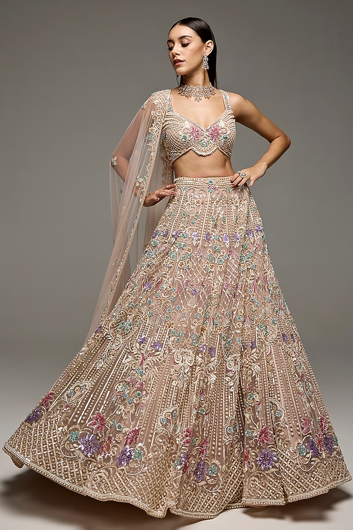 Soft Pink Tulle Net Hand Embroidered Bridal Lehenga Set by OPUS ATELIER at Pernia's Pop Up Shop