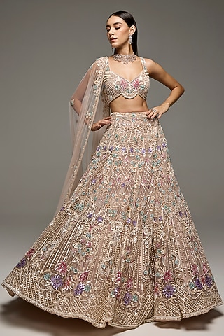 Soft Pink Tulle Net Hand Embroidered Lehenga Set by OPUS ATELIER