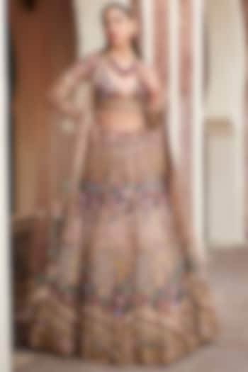 Gold Tulle Net Aari Embroidered Bridal Lehenga Set by OPUS ATELIER at Pernia's Pop Up Shop