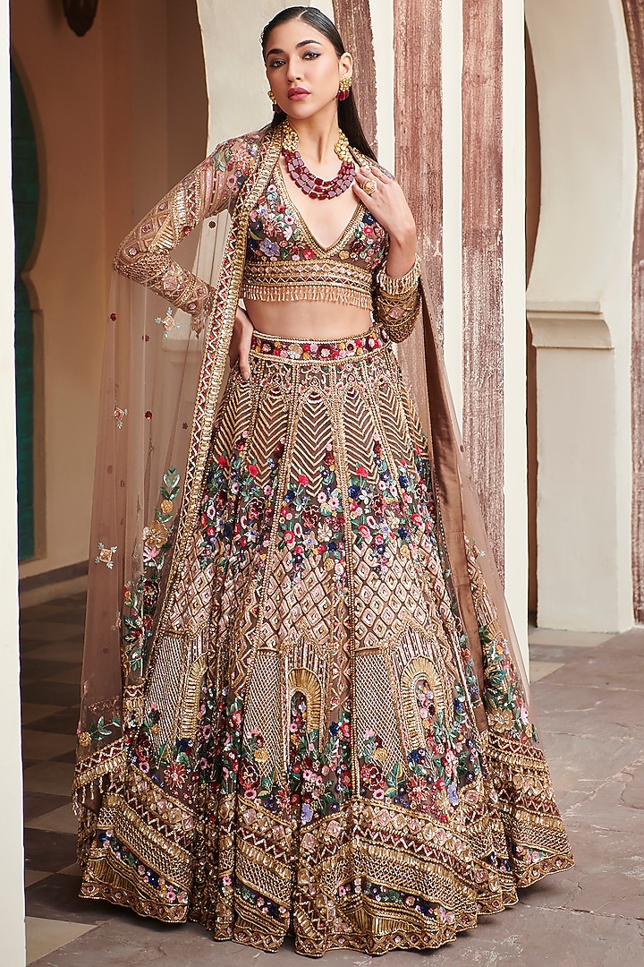 Gold Tulle Net Aari Embroidered Bridal Lehenga Set by OPUS ATELIER at Pernia's Pop Up Shop