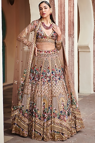 Gold Tulle Net Aari Embroidered Lehenga Set by OPUS ATELIER