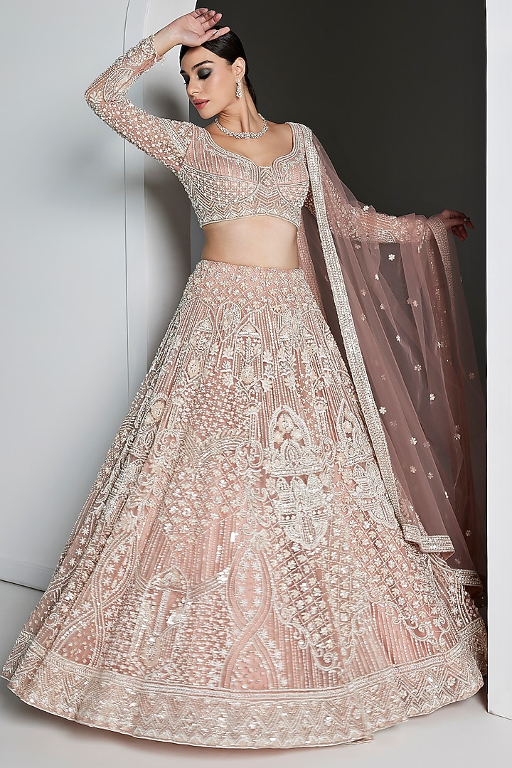Pink Tulle Net & Viscose Satin Embellished Bridal Lehenga Set by OPUS ATELIER at Pernia's Pop Up Shop