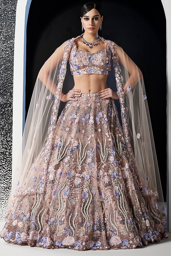 Lilac Tulle Net Sequins & Crystal Embroidered Bridal Lehenga Set by OPUS ATELIER at Pernia's Pop Up Shop