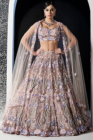 Lilac Tulle Net Sequins & Crystal Embroidered Lehenga Set by OPUS ATELIER