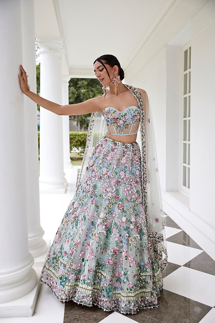 Seafoam Green Embroidered Bridal Lehenga Set by OPUS ATELIER at Pernia's Pop Up Shop
