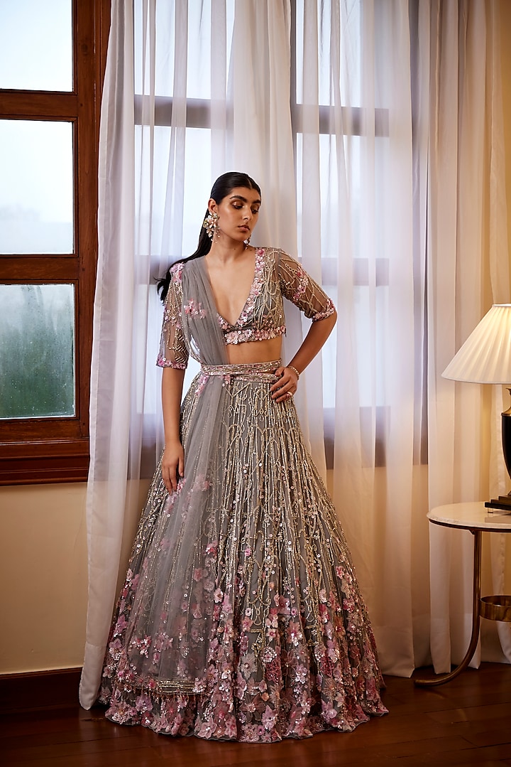 Grey & Pink Embroidered Lehenga Set by OPUS ATELIER