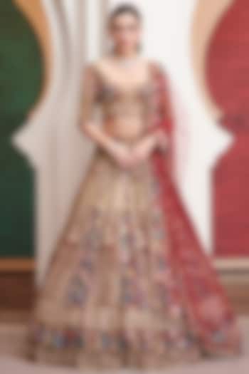 Maroon & Gold Viscose Satin Sequins Hand Embroidered Bridal Lehenga Set by OPUS ATELIER at Pernia's Pop Up Shop
