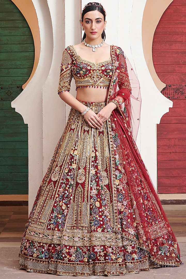 Maroon & Gold Viscose Satin Sequins Hand Embroidered Bridal Lehenga Set by OPUS ATELIER at Pernia's Pop Up Shop