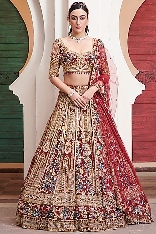 Maroon & Gold Viscose Satin Sequins Hand Embroidered Lehenga Set by OPUS ATELIER