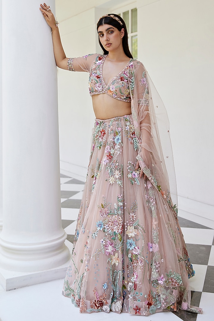 Peach Net Hand Embroidered Bridal Lehenga Set by OPUS ATELIER at Pernia's Pop Up Shop